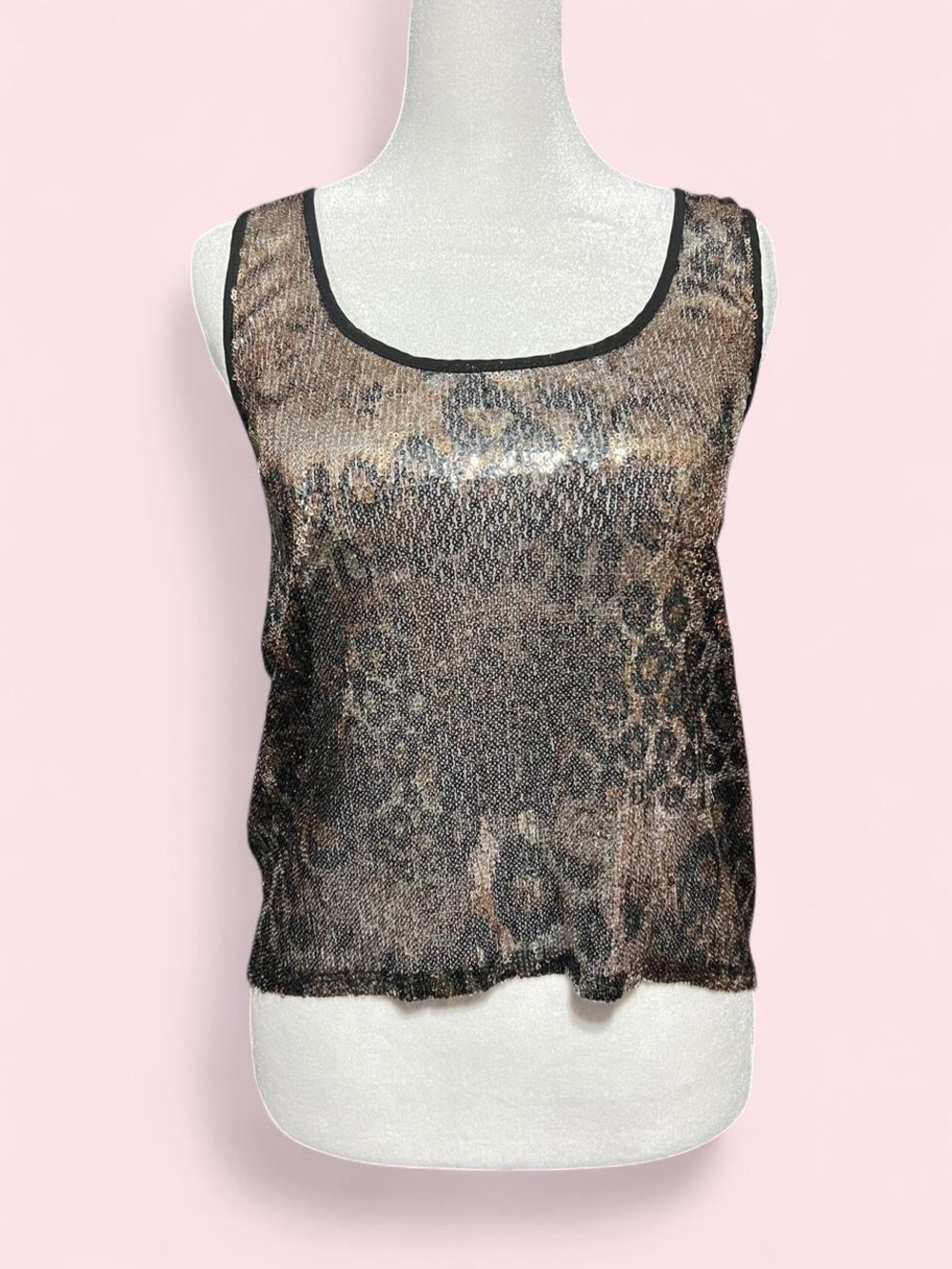 XS Sleeveless Sequin Animal Print Tank Top - Black/Brown